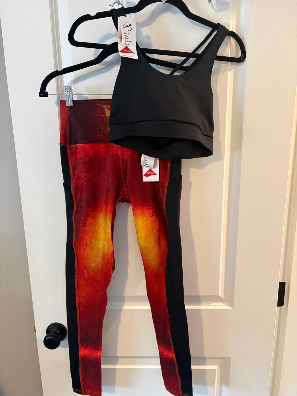 Brio Soul set Red & Yellow fire 🔥 Leggings with Black strappy cross back bra top